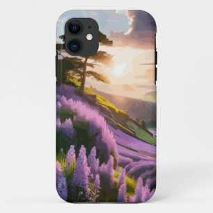 Lila bloemen op Hill op Sunset Glow iPhone 11 Hoesje