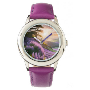 Lila bloemen op Hill op Sunset Glow Horloge