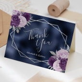 Lila Bloemen Zilveren Navy Blue Folie Wedding Bedankkaart