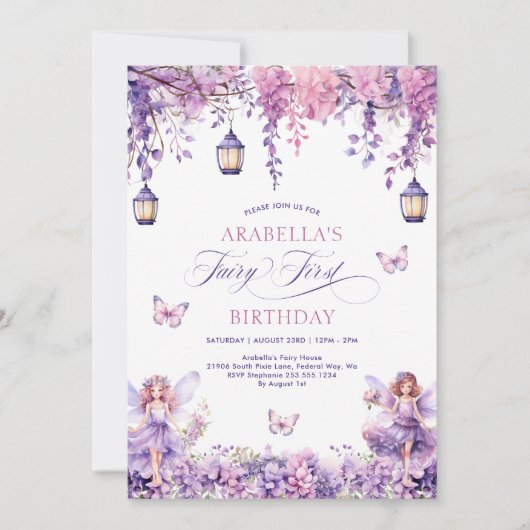 Lila Bloemenfee Eerste 1e Verjaardagsfeest Kaart (Voorkant)
