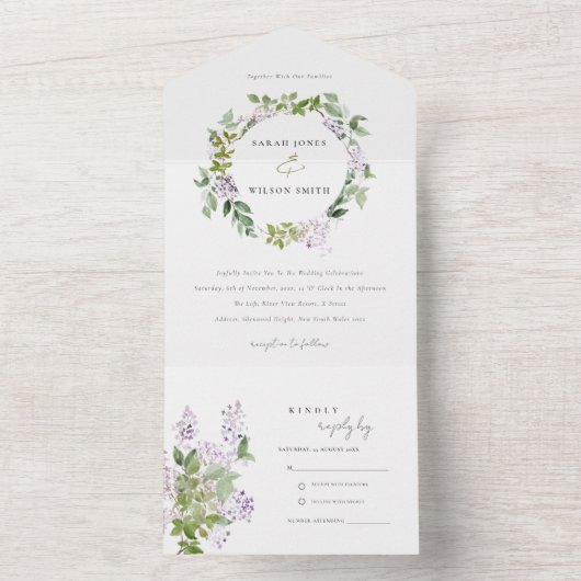 Lila bloemenkrans huisje tuin bruiloft all in one uitnodiging (Binnen)