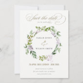 Lila bloemenkrans huisje tuin bruiloft save the date (Voorkant)