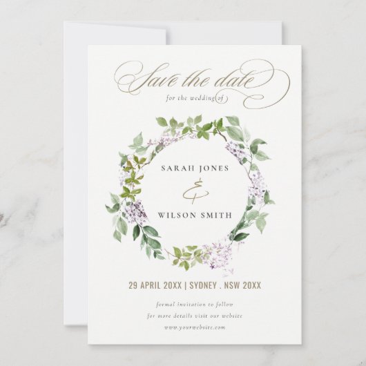 Lila bloemenkrans huisje tuin bruiloft save the date (Voorkant)