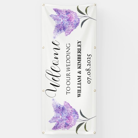 Lila bloemenpaarse bloemen rustieke elegante bruil spandoek (Verticaal)