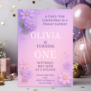 Lila Bloom Bubble 1st Birthday Magic Kaart