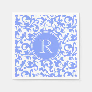 Lila Blue Elegant Damask Swirls Monogramed Servet