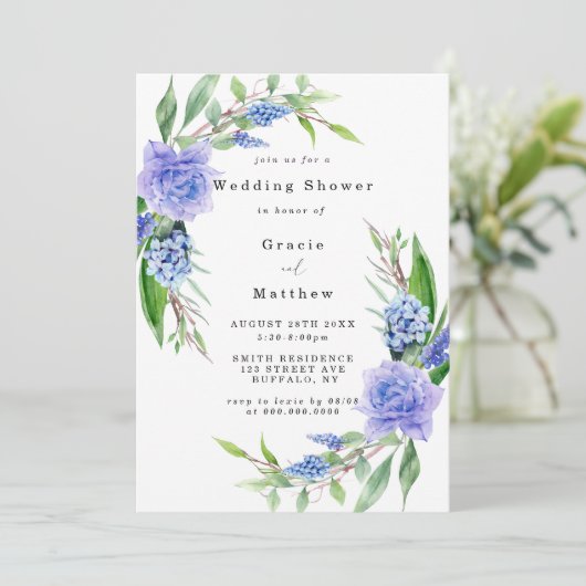 Lila Blue Hyacinth Tulip Wedding Shower nodigt uit (Staand voorkant)
