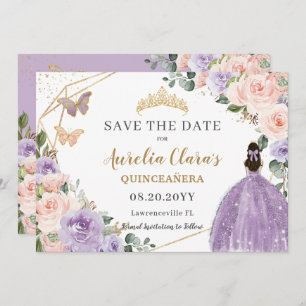 Lila Blush Floral Gold Quinceanera Sweet Sixteen Save The Date