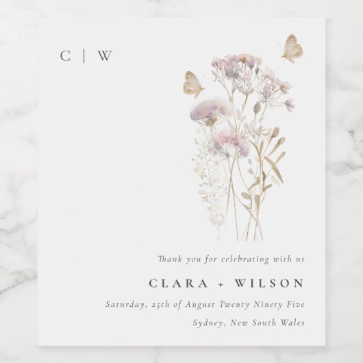 Lila Boho Wildflower Varen Botanische bruiloft Wijn Etiket (Enkel label)