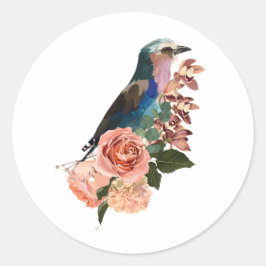 Lila borsten Roller vogel en bloemen. Ronde Sticker