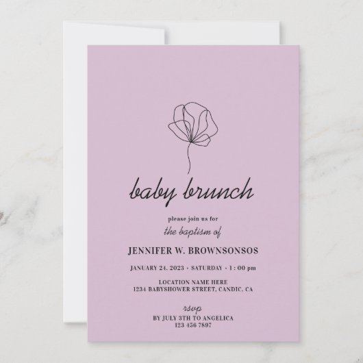 Lila botanische eenvoudige Boho-Baby-baptisme Kaart (Voorkant)
