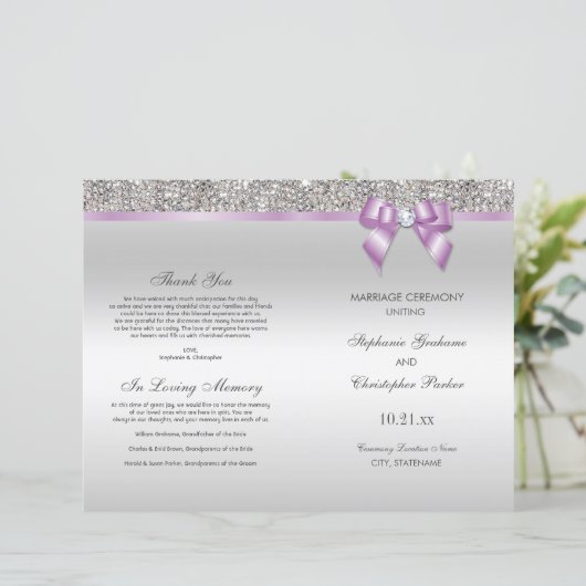 Lila Bow Silver Sequins Wedding Ceremony Program (Staand voorkant)