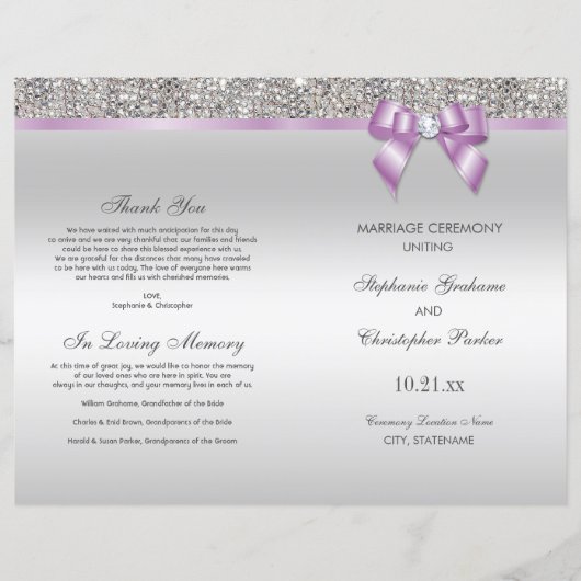 Lila Bow Silver Sequins Wedding Ceremony Program (Voorkant)