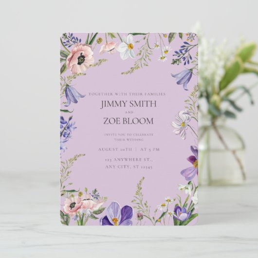Lila bruiloft uitnodiging (Staand voorkant)