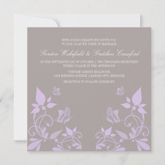 Lila Butterfly Floral Wedding Invite Kaart (Voorkant)