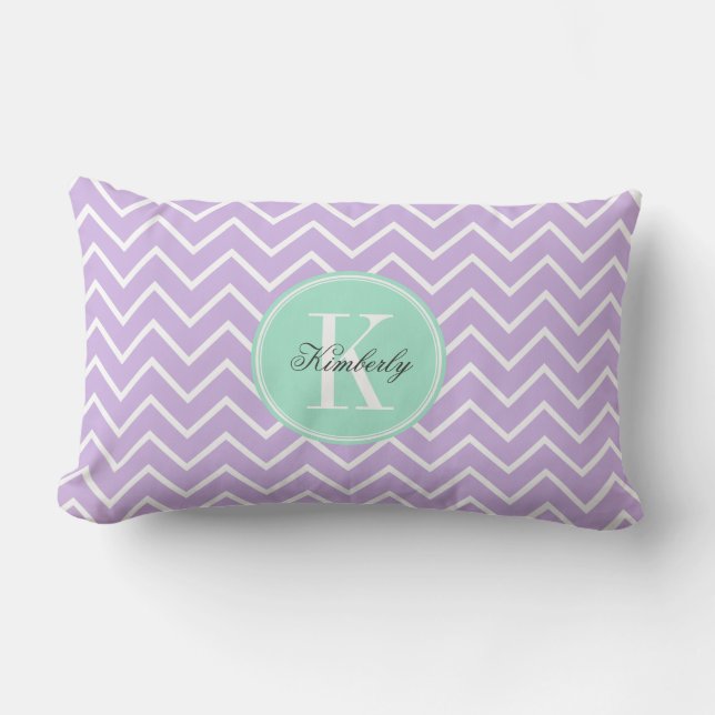 Lila Chevron met het Monogram van de Munt Kussen (Voorkant)