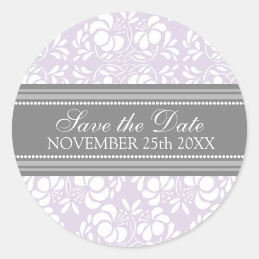 Lila Damask Bewaar de Date Envelope Seal Ronde Sticker (Voorkant)
