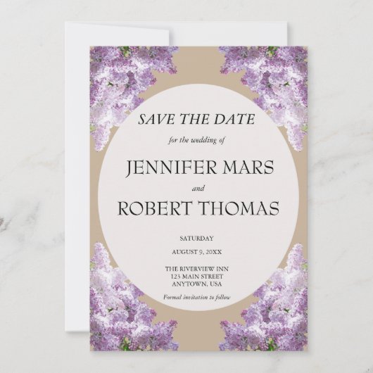 Lila en beige bruiloft save the date (Voorkant)