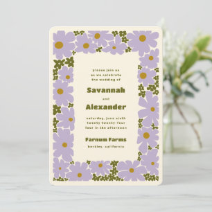 Lila en bosgroen Groovy Blooms Boho Wedding Kaart