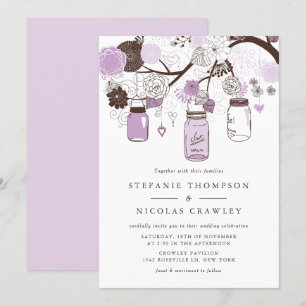 Lila en bruine Mason Jars Floral Wedding Invitatio Kaart