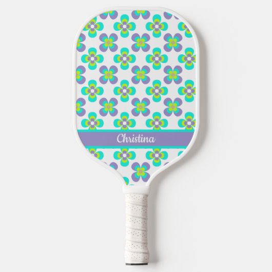 Lila en groen retro-florpatroon pickleball paddle (Voorkant)