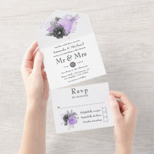 Lila en Houtskool Bloemen Bruiloft All In One Uitnodiging