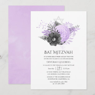 Lila en houtskool Bloemige Bat Mitzvah Kaart