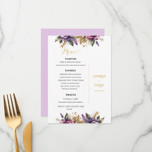 Lila en Lavendel Wijngaard Bruiloft Menu (Voorkant / Achterkant in situ)