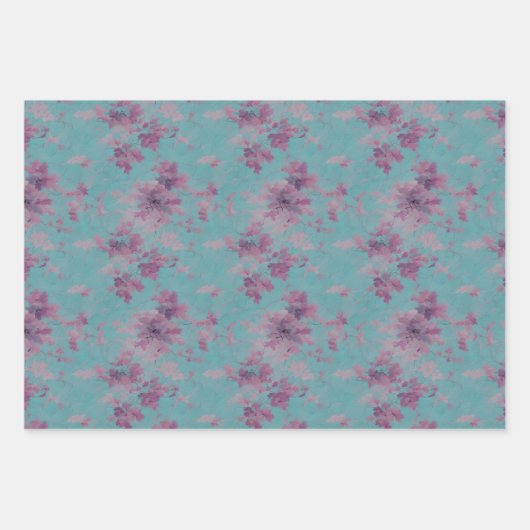 Lila en Paarse bloemontwerp op blauw Inpakpapier Vel (Voorkant)
