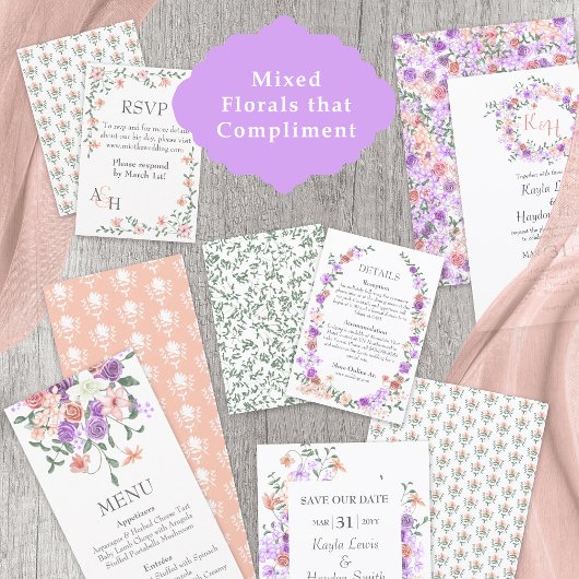 Lila en perzik Roos tuin wijnstok bruiloft details Informatiekaartje