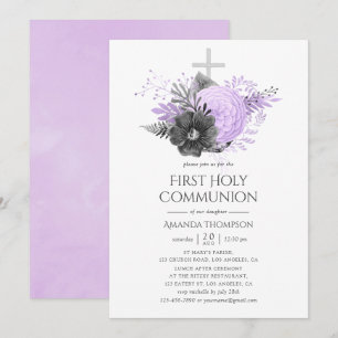 Lila en steenkoolbloemen Eerste Heilige Communie Kaart