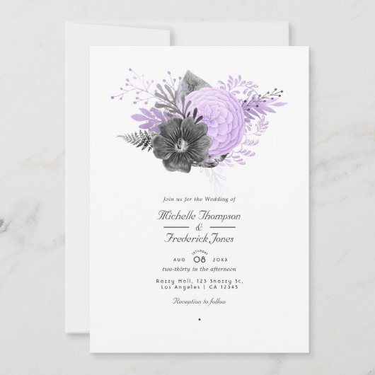Lila en steenkoolbloemen QR-code RSVP-bruiloft Kaart (Voorkant)