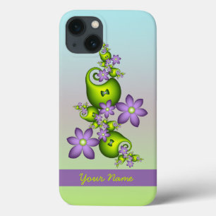 Lila Fantasy Flowers Green Shapes Fractal Name iPhone 13 Hoesje