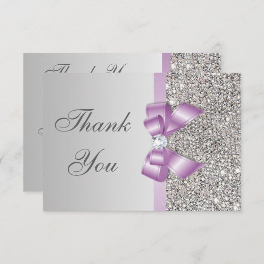 Lila Faux Bow Silver Diamonds Dank u Bedankkaart (Voorkant / Achterkant)