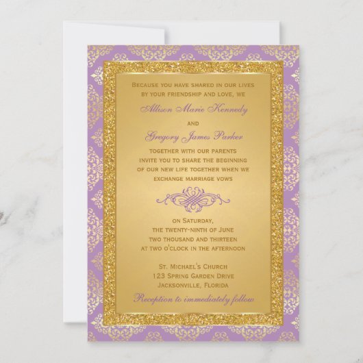 Lila, FAUX Glitter, Damask Wedding Invitation Kaart (Voorkant)