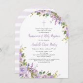 Lila Floral Baby Meisje Dopen Uitnodiging (Voorkant / Achterkant)