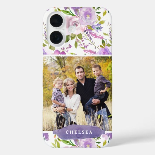 Lila Floral Foto en Monogram Case-Mate iPhone Case (Achterkant)