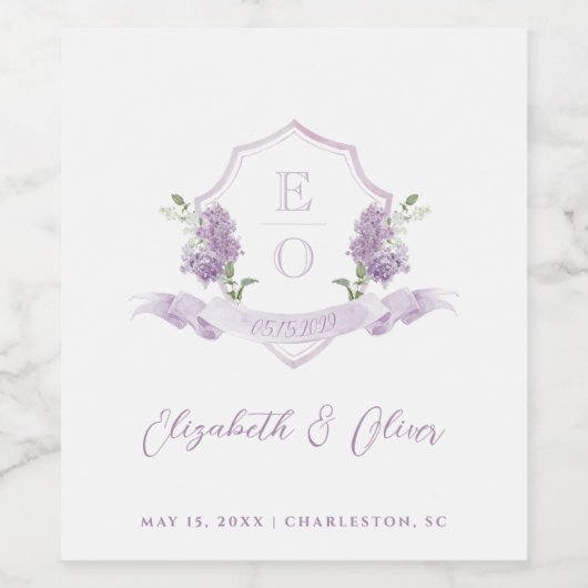 Lila Floral Monogram Crest Bruiloft Wijn Etiket (Enkel label)