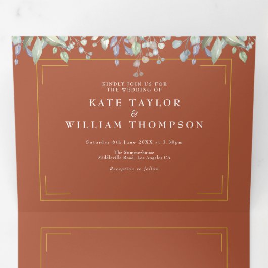 Lila Foliage Terracotta Monogram Foto Weduwschap Drieluik Uitnodiging (Binnenzijde eerst)