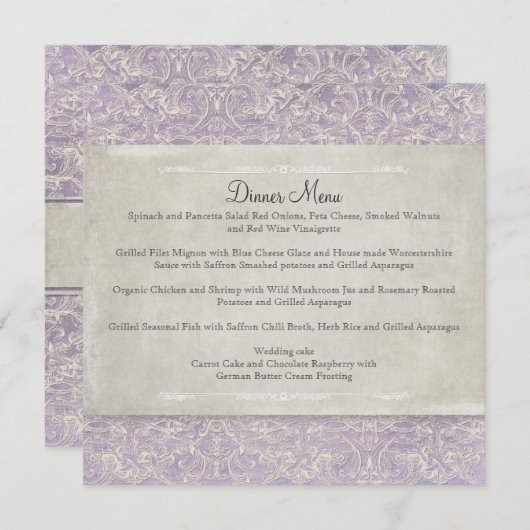 Lila Frans Regency Lace Etched Wedding Menu (Voorkant / Achterkant)