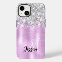 Lila geborsteld metaal zilver glitter monogram