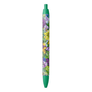 Lila Geel Blauw Groene Tuinbloemen Patroon Blauwe Inkt Pen