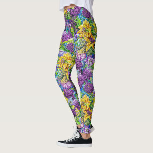 Lila Geel Blauw Groene Tuinbloemen Patroon Leggings