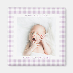 Lila Gingham Check Baby Birthdate Magnet Magneet
