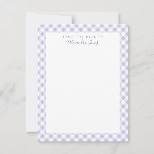 Lila Gingham Check Personal Stationery Note Kaart (Voorkant)