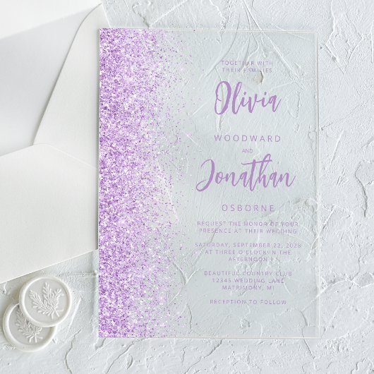 Lila Glitter Modern Script Wedding Acryl Uitnodigingen