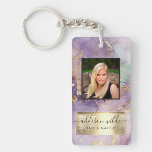 Lila Glitter Waterverf Faux Gold Foil Salon ID Sleutelhanger