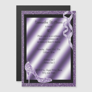 Lila Glittery Stiletto & Streamers 30th Birthday Magnetische Uitnodiging