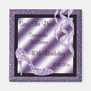 Lila Glittery Stiletto & Streamers 40th Birthday Magneet