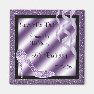 Lila Glittery Stiletto & Streamers 55th Birthday Magneet